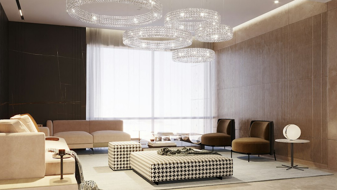 luxury living room with chandeliers